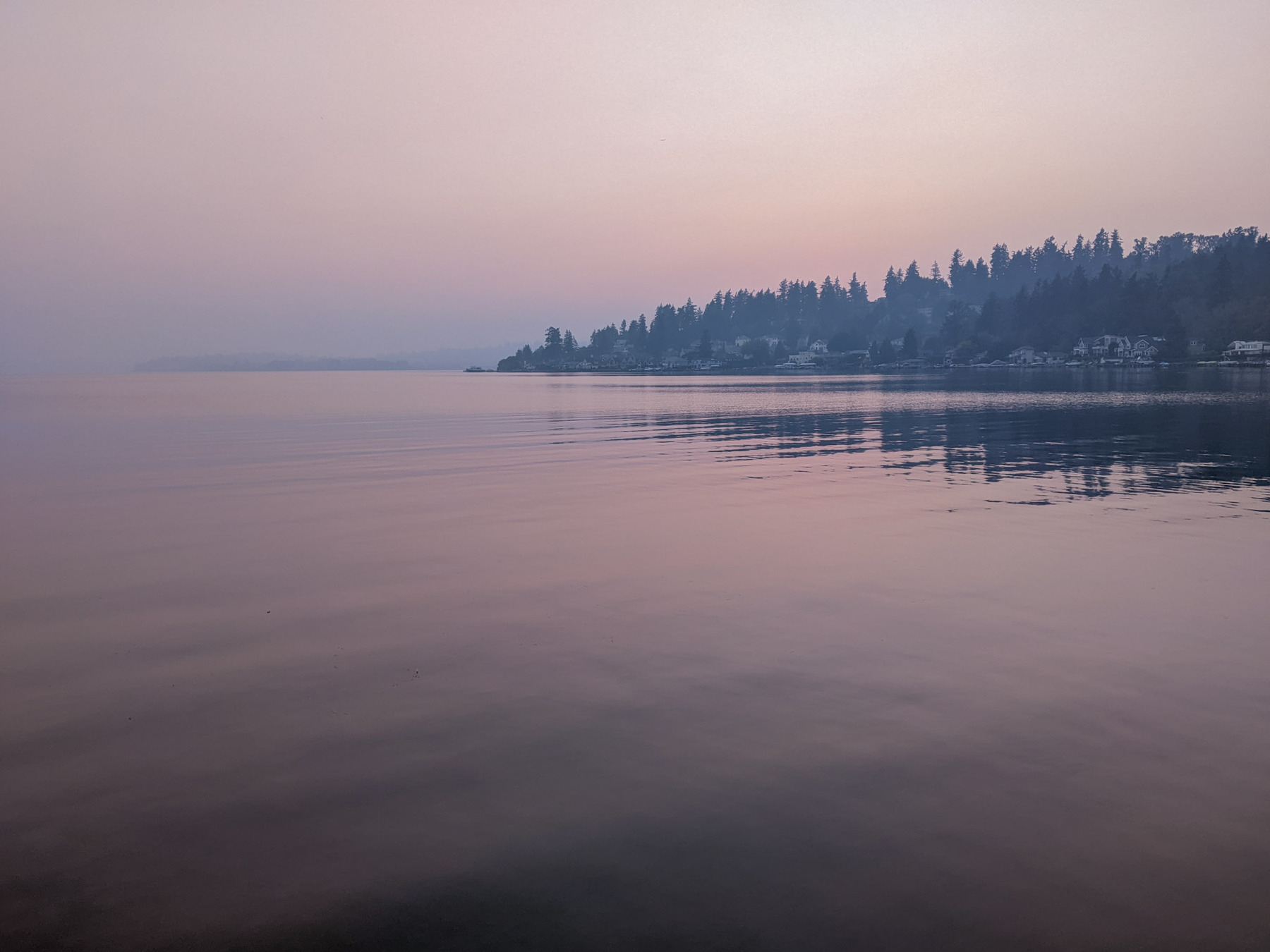 gray peninsula beyond pink tinted water with slight ripples and pale pink smoky sky at sunset 